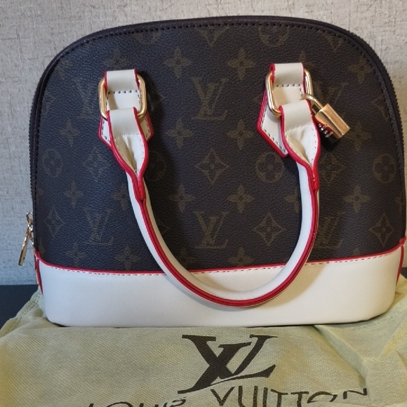 Brown and White Satchel with Red Accents - Picture 2 of 10